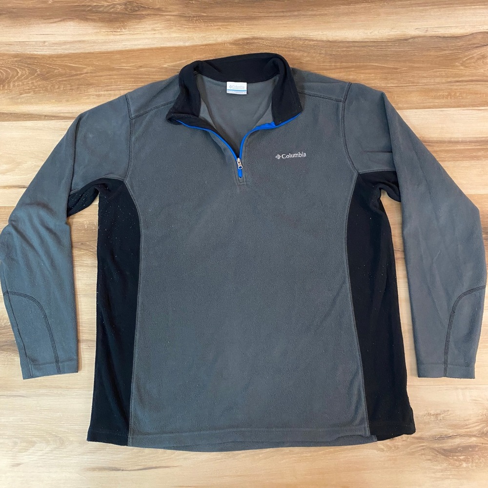 Columbia Mens Fleece Pullover Large Gray Black 1/4 Zip Long Sleeve Lightweight